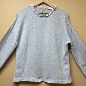 Loft Heather Grey Sweatshirt Pink Ruffle Collar SizeM cottagecore Minimalist EUC